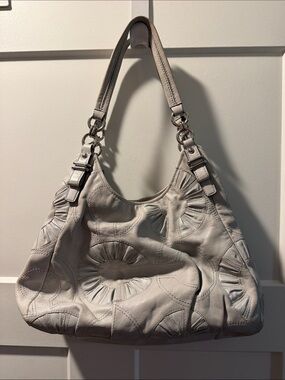 Vintage Coach, Elegant light gray Leather Hobo Bag. Blue inside.